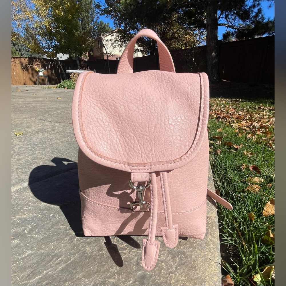 Free People Josie mini backpack, pink, drawstring, faux leather, silver hardware